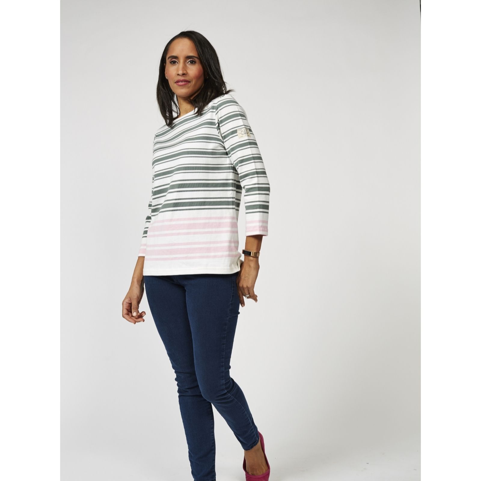 Joules 3/4 Sleeve Jersey Striped Harbour Top QVC UK