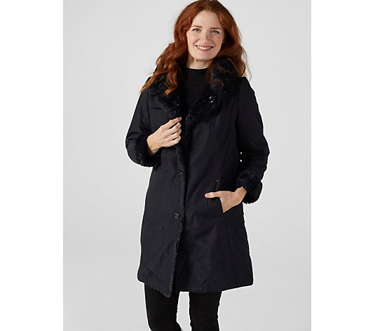 Centigrade Textured Faux Fur Reversible Mid Length Coat with Pockets