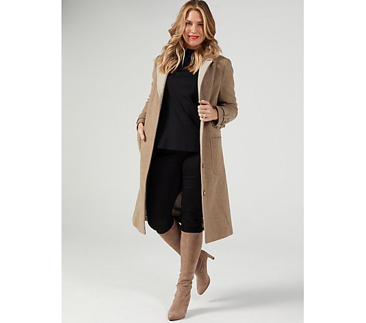 Helene Berman Concealed Front Coat with Contrast Collar & Patch Pockets