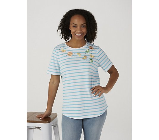 Quacker Factory Embroidered Motif Striped Short Sleeve Top