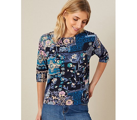 Monsoon Jersey 3/4 Sleeve Print Top with Button Detail