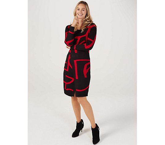 Nina Leonard Jewel Neck Long Sleeve Knit Dress w/ Print Cardigan