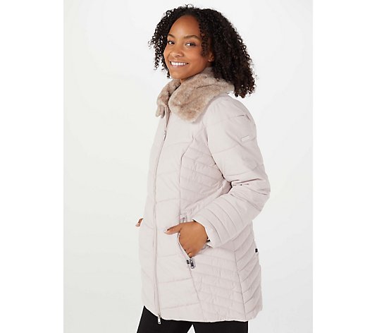 Centigrade Faux Down Padded Coat with Faux Fur Collar