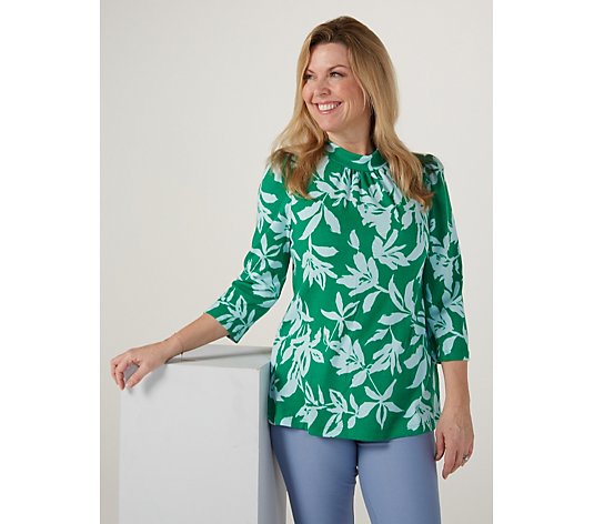 Kim & Co Printed Soft Touch Mock Neck 3/4 Sleeve Top