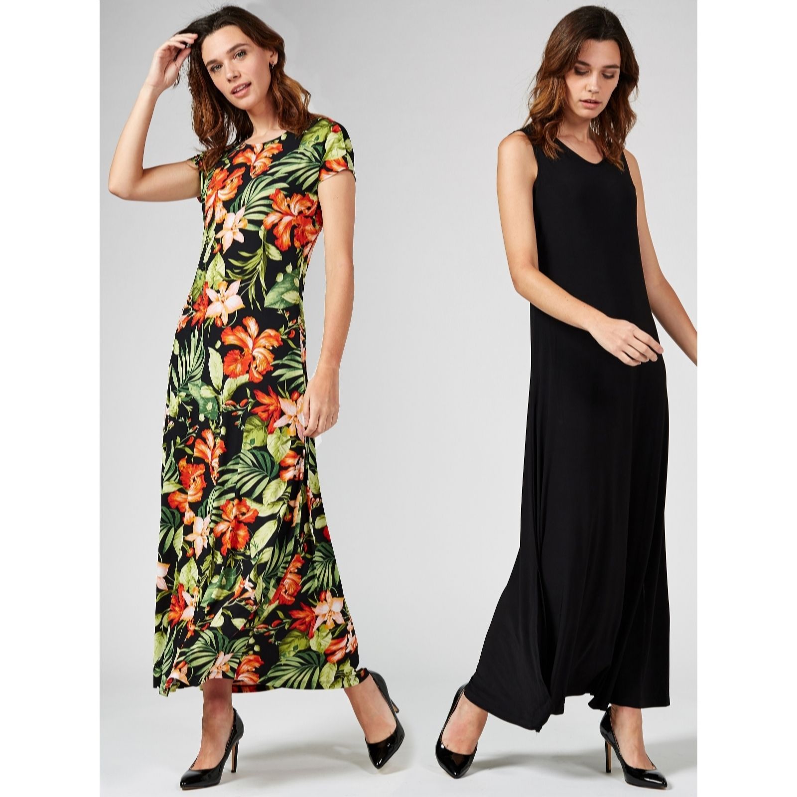 Attitudes by Renee Set of Two Print and Plain Maxi Dresses