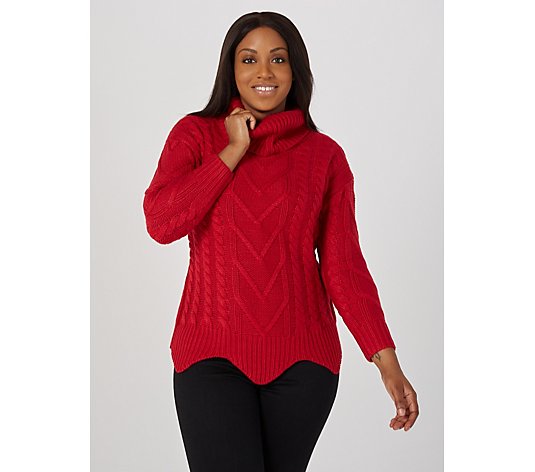Ribbed Cowl Neck Long Sleeve Drop Shoulder Cableknit Sweater by Nina Leonard