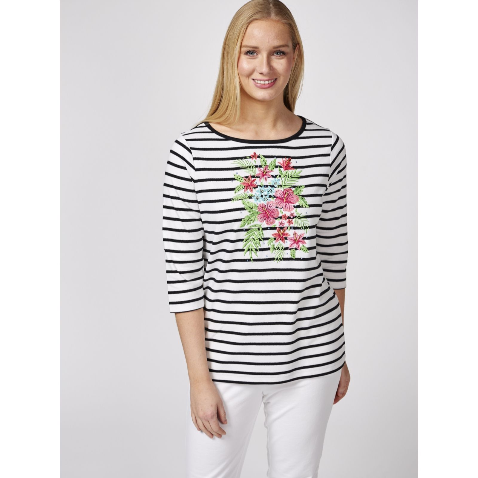  Quacker Factory Tropical Floral Striped Boat Neck T Shirt - 171162