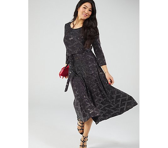3/4 Sleeve Jewel Neck Self Sash Sylvia in Glitter Knit Dress by Nina Leonard