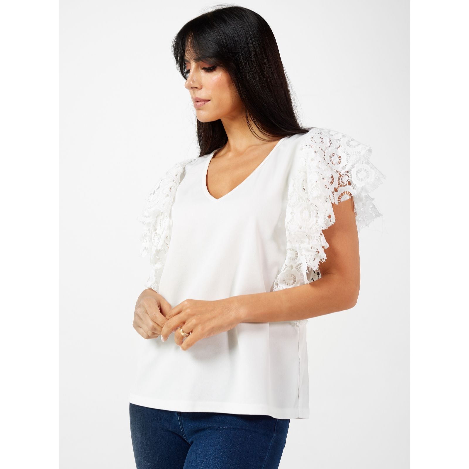 Malissa J V-Neck Top with Frill Sleeve - QVC UK