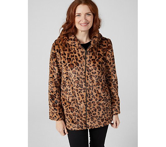 Helene Berman Hooded Leopard Faux Fur Coat with Zip
