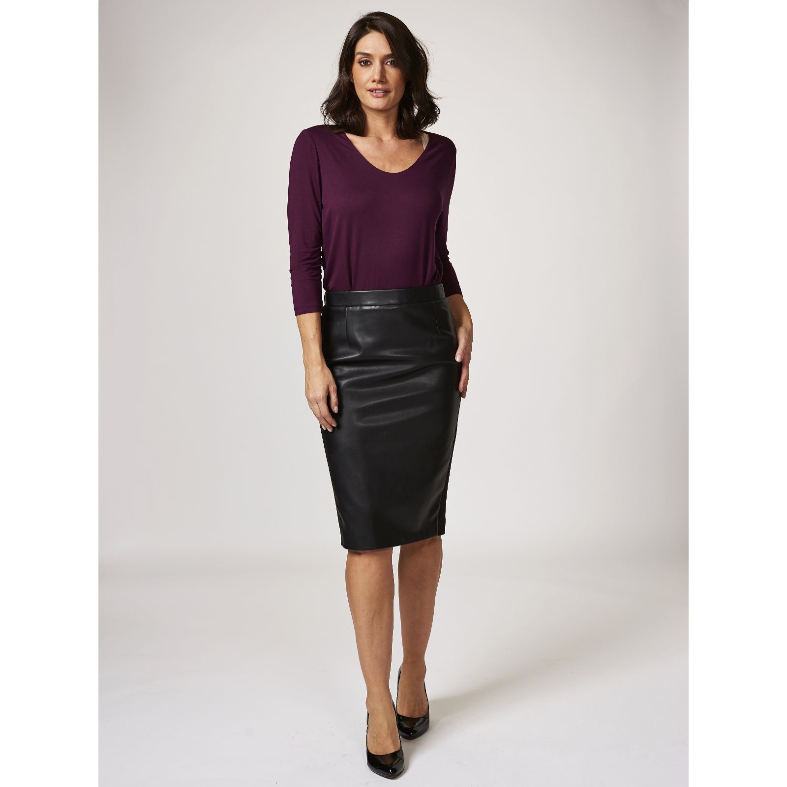 Outlet Ruth Langsford Faux Leather Pencil Skirt Ponte Side Panels - QVC UK