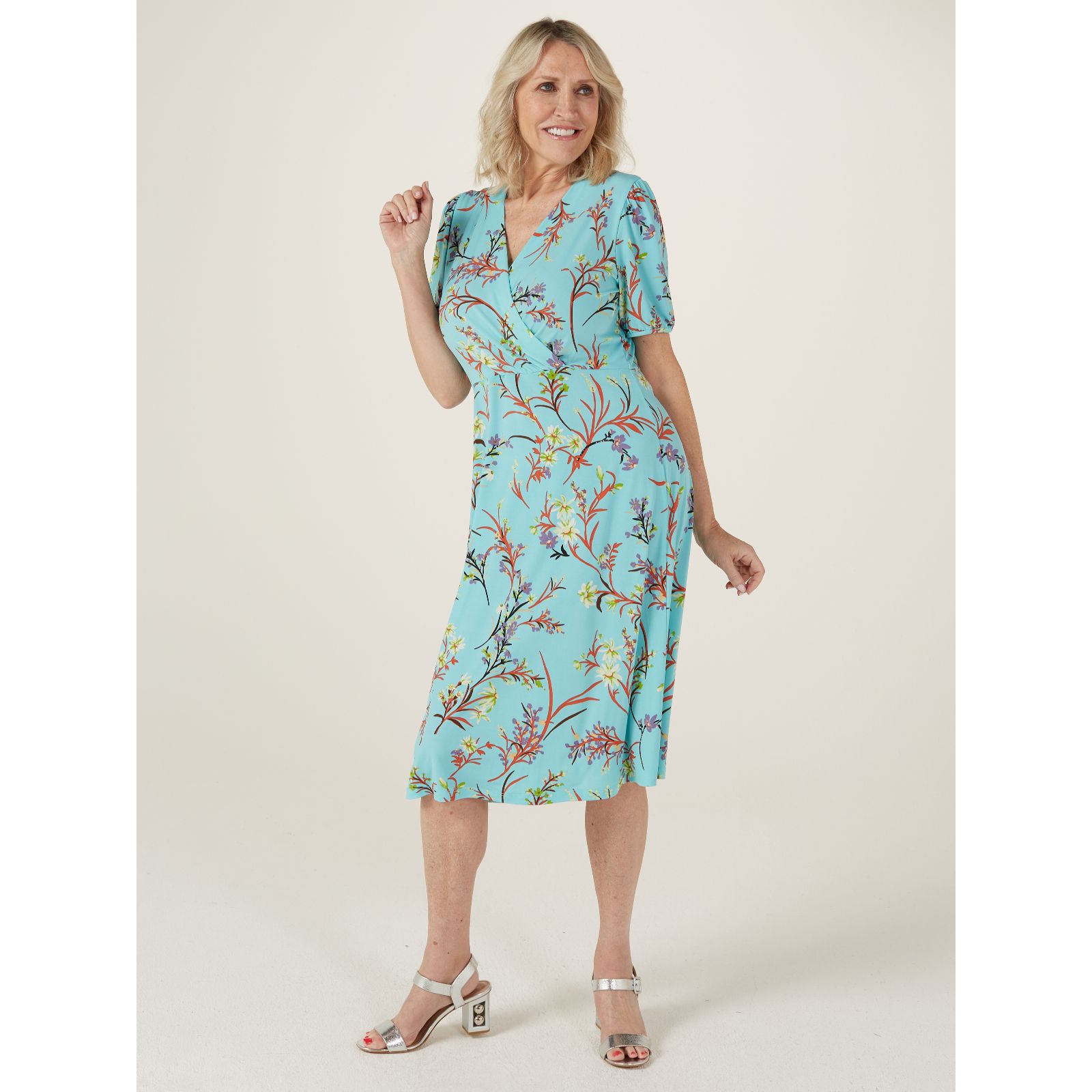 Kim & Co Printed Brazil Jersey Blouson Sleeve Faux Wrap Dress - QVC UK