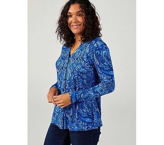 Isaac Mizrahi Live Printed Ponte Long Sleeve Button Front Swing Top