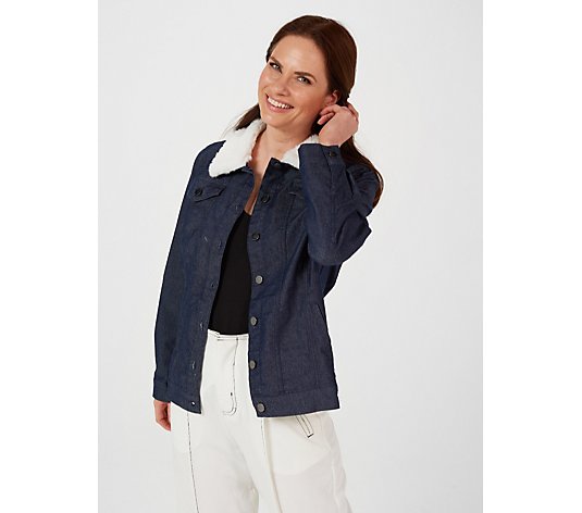 Nina Leonard Stretch Denim Jacket with Breast Pocket & Sherpa Collar