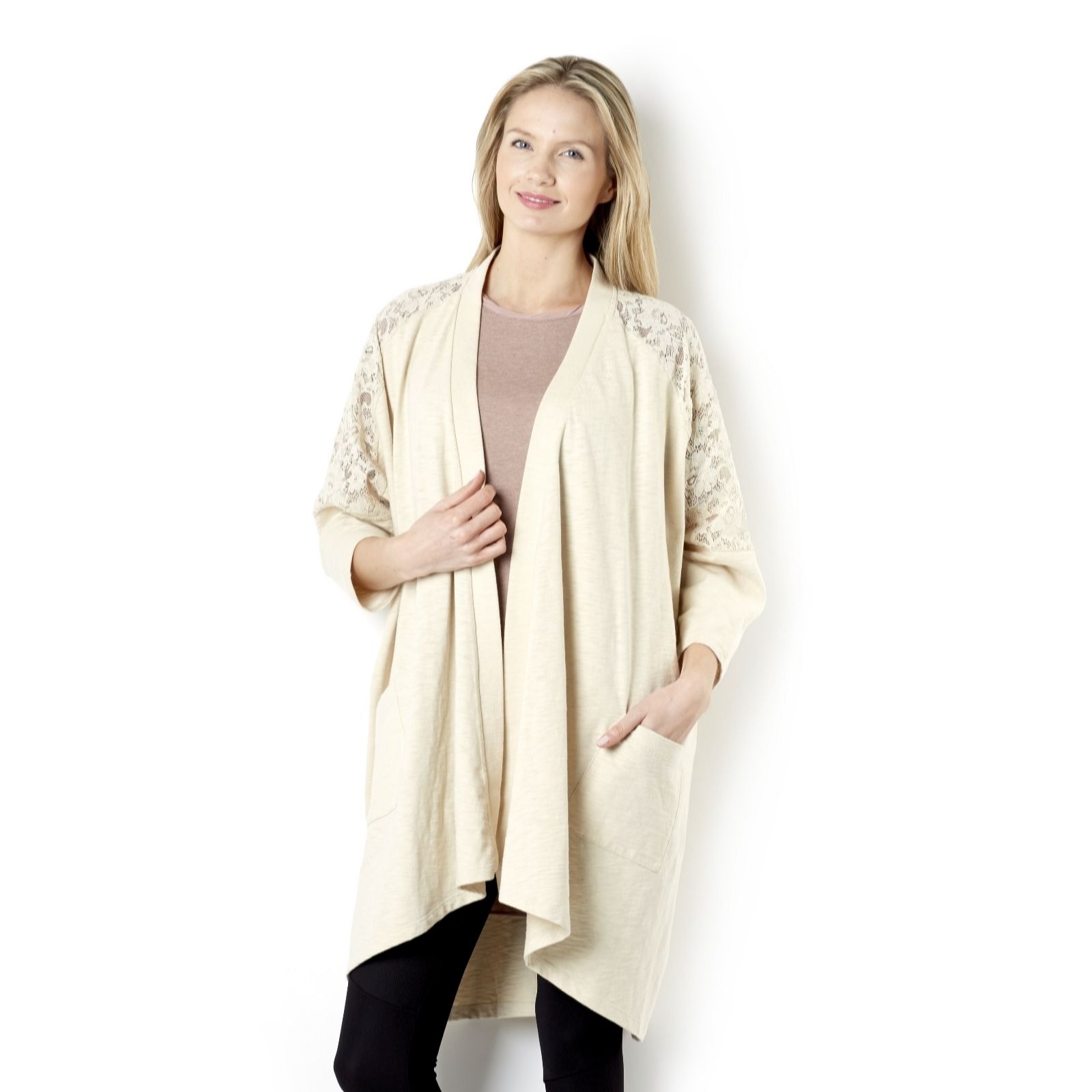 Outlet LOGO by Lori Goldstein Cardigan with Lace Back Insert QVC UK