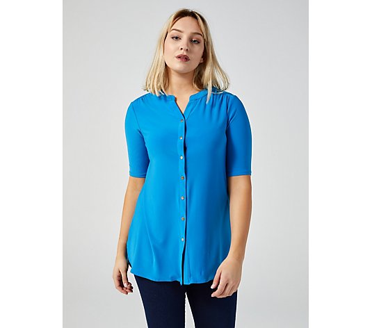 Elbow Sleeve Mandarin Collar Button Up Shirt Tunic by Nina Leonard
