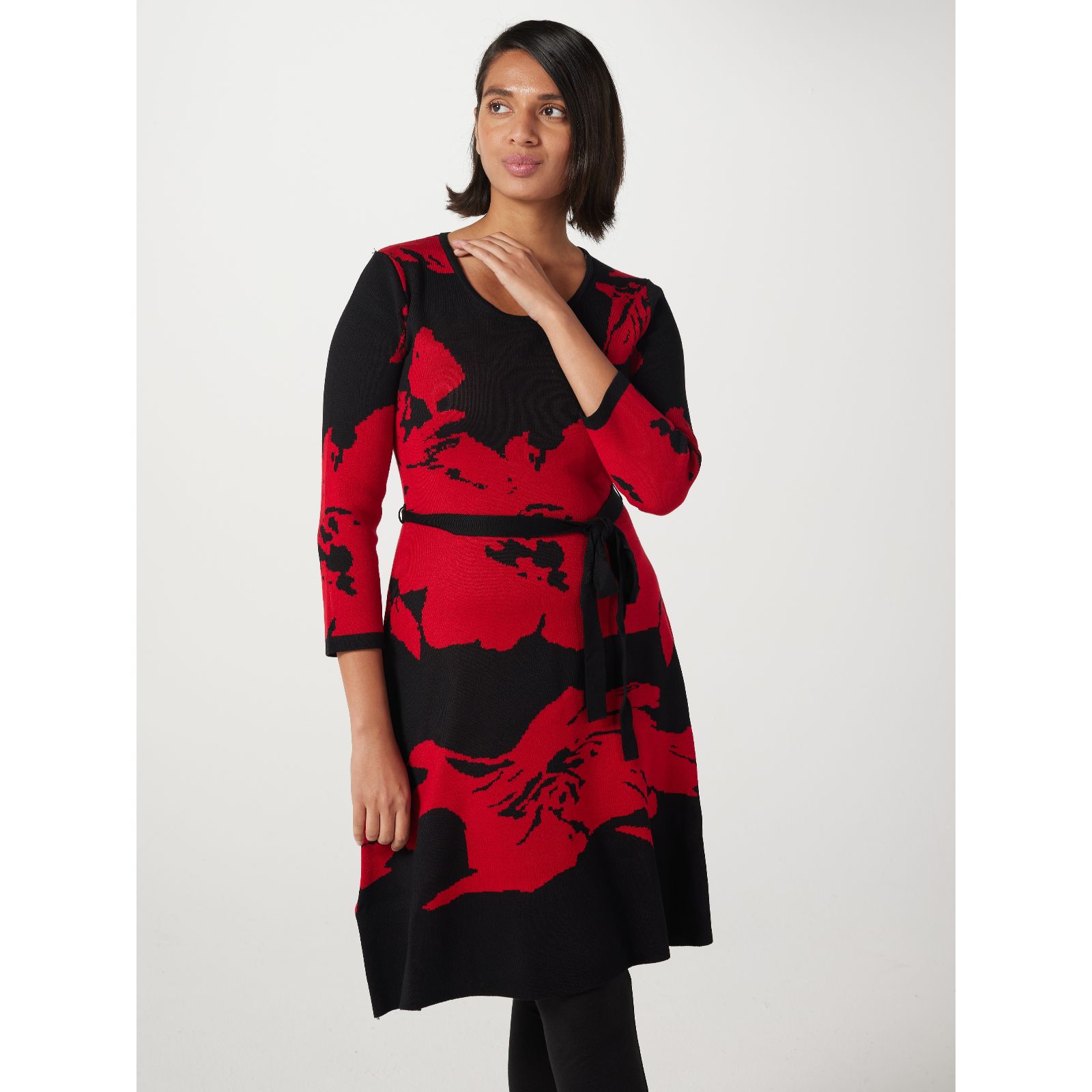 Nina Leonard Scoop Neck 3/4 Sleeve Jacquard Knit Dress - QVC UK