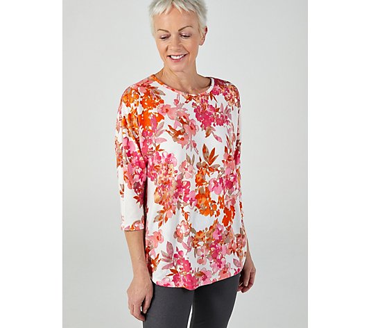 Kim & Co Printed Soft Touch 3/4 Dolman Sleeve Relaxed High-Low Tunic