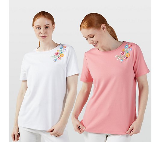 Quacker Factory Set of Two Floral Corsage Embroidered Short Sleeve Tops
