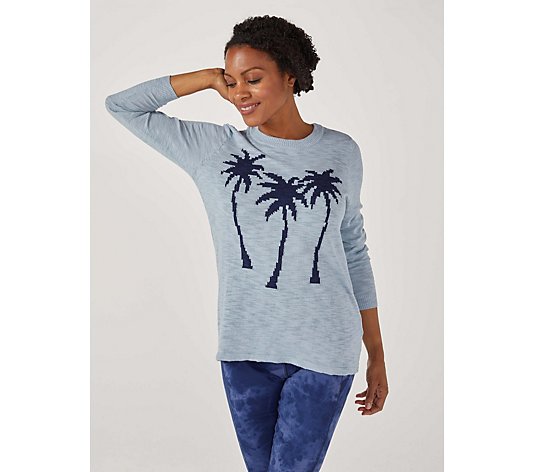 Denim & Co. Beach Slub Printed Palm Crew Neck Pullover Top