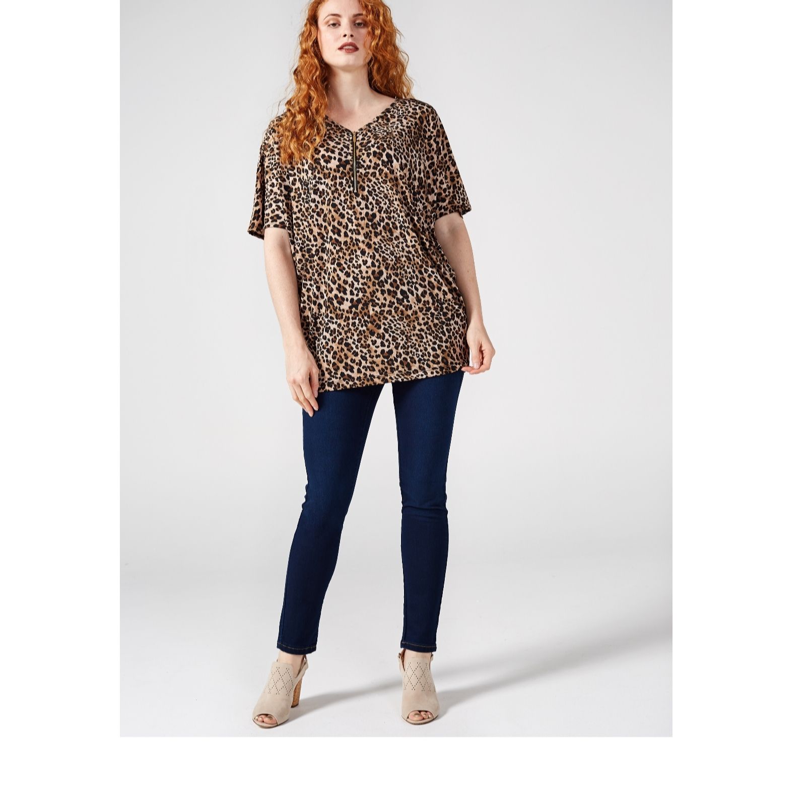 Outlet Printed Dolman Short Sleeve Zip Front Tunic by Nina Leonard QVC UK