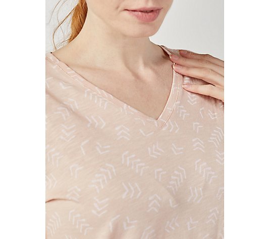 Denim & Co. Printed Linen Slub V Neck Rolled Sleeve Top