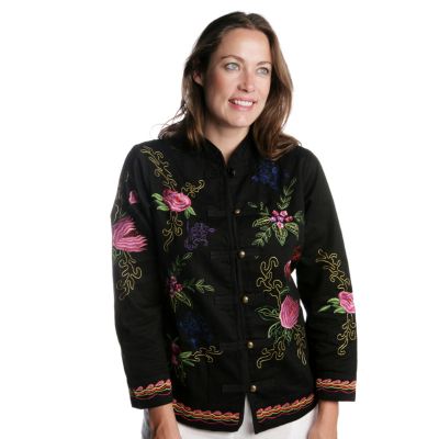 Indigo Moon Mandarin Collar Floral Embroidered Cotton Jacket - QVC UK