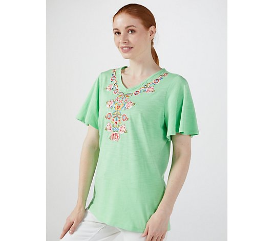 Quacker Factory Flutter Sleeve Boho Embroidered Knit Top
