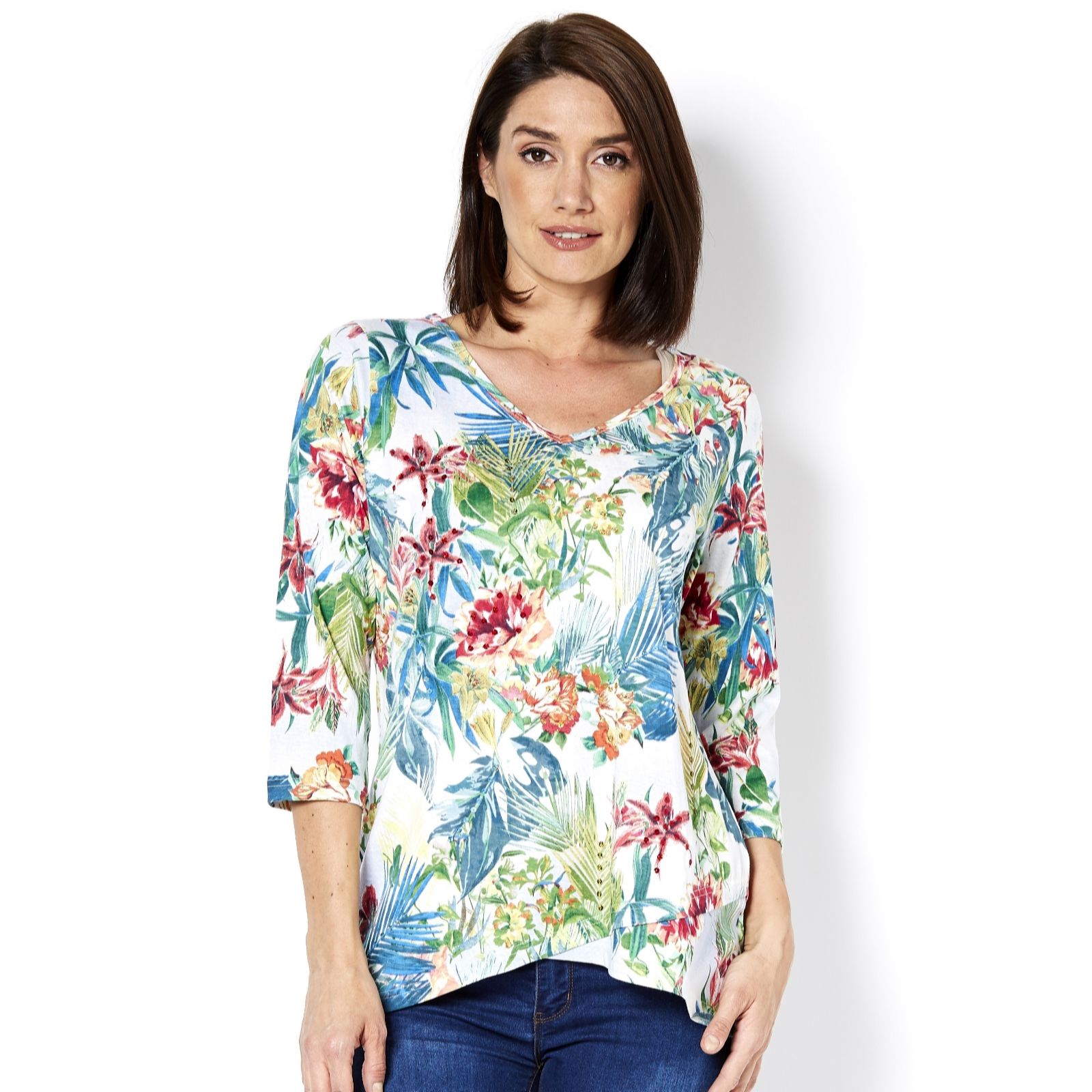 Artscapes Hawaiian Floral Print 3/4 Sleeve Top with Tulip Hem Detail ...