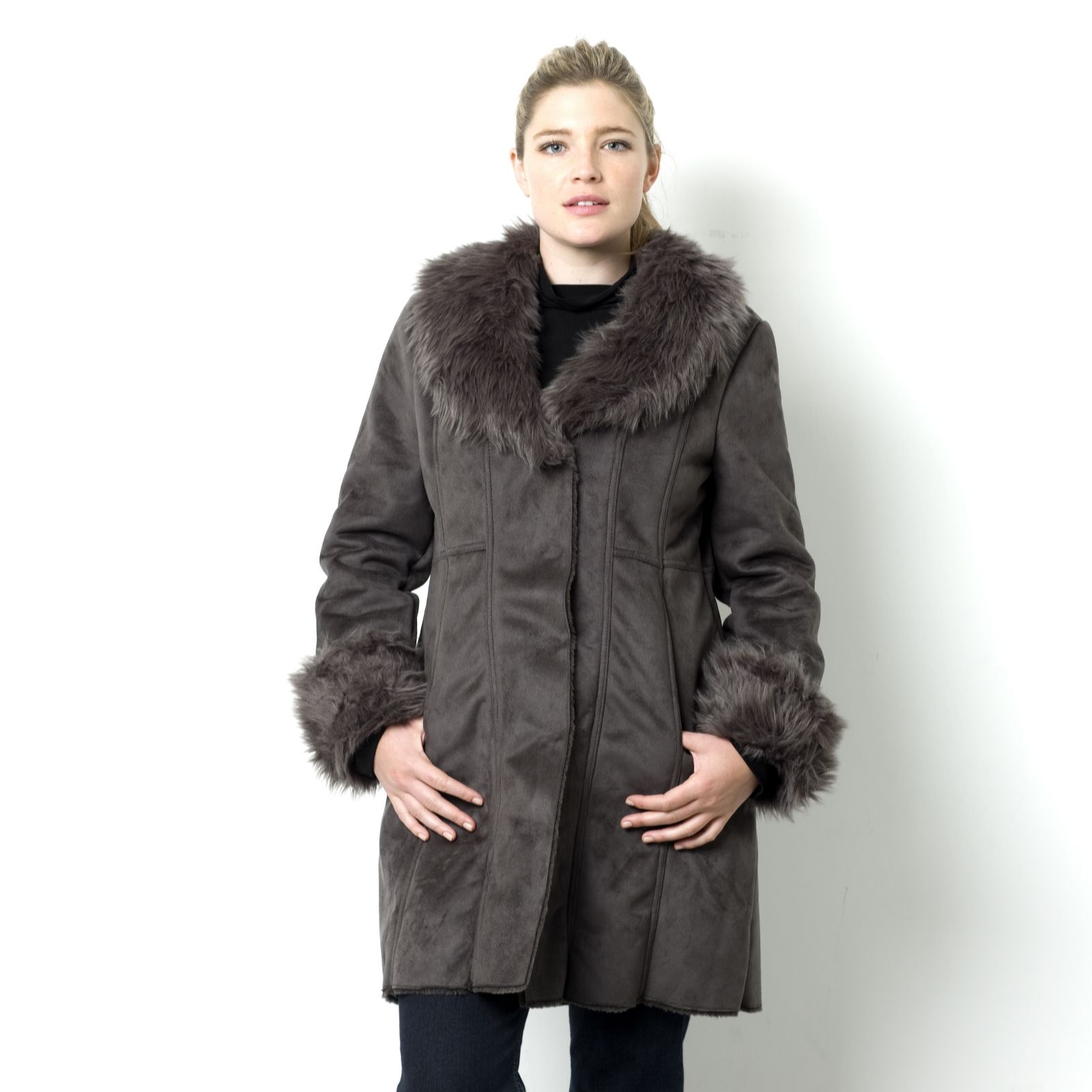 Centigrade Machine Washable Faux Shearling Coat with Faux Fur Collar ...
