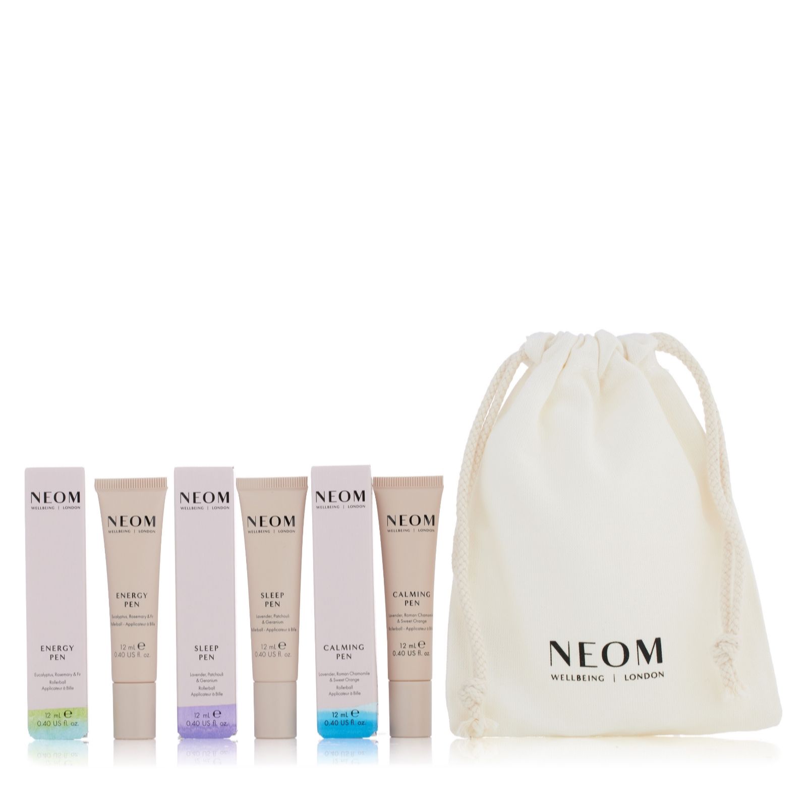 NEOM Wellbeing Roll On Pen Trio Discovery Set with Drawstring Bag