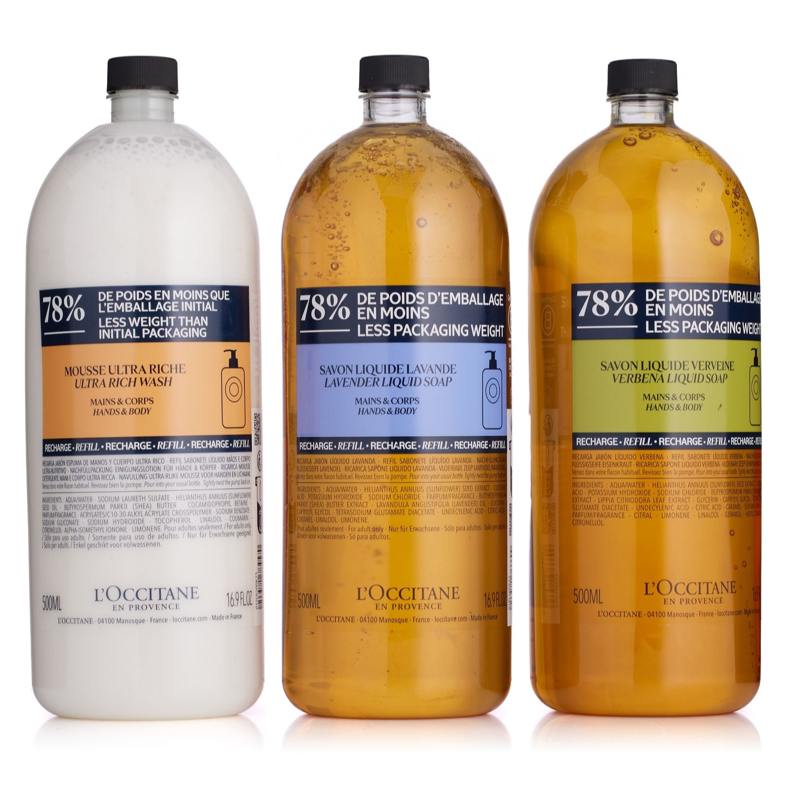 L'Occitane 500ml Liquid Soap and Body Wash Trio