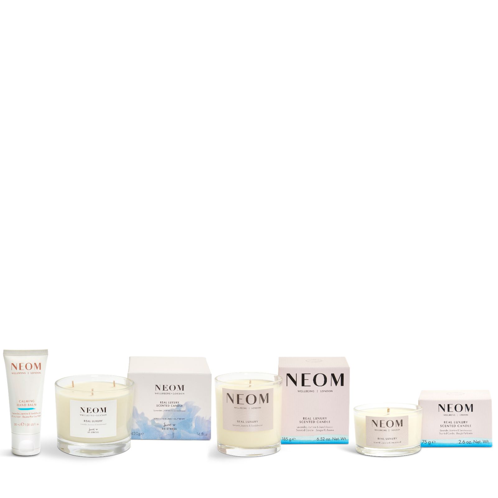 Neom Wellbeing Candle Trio & Hand Balm