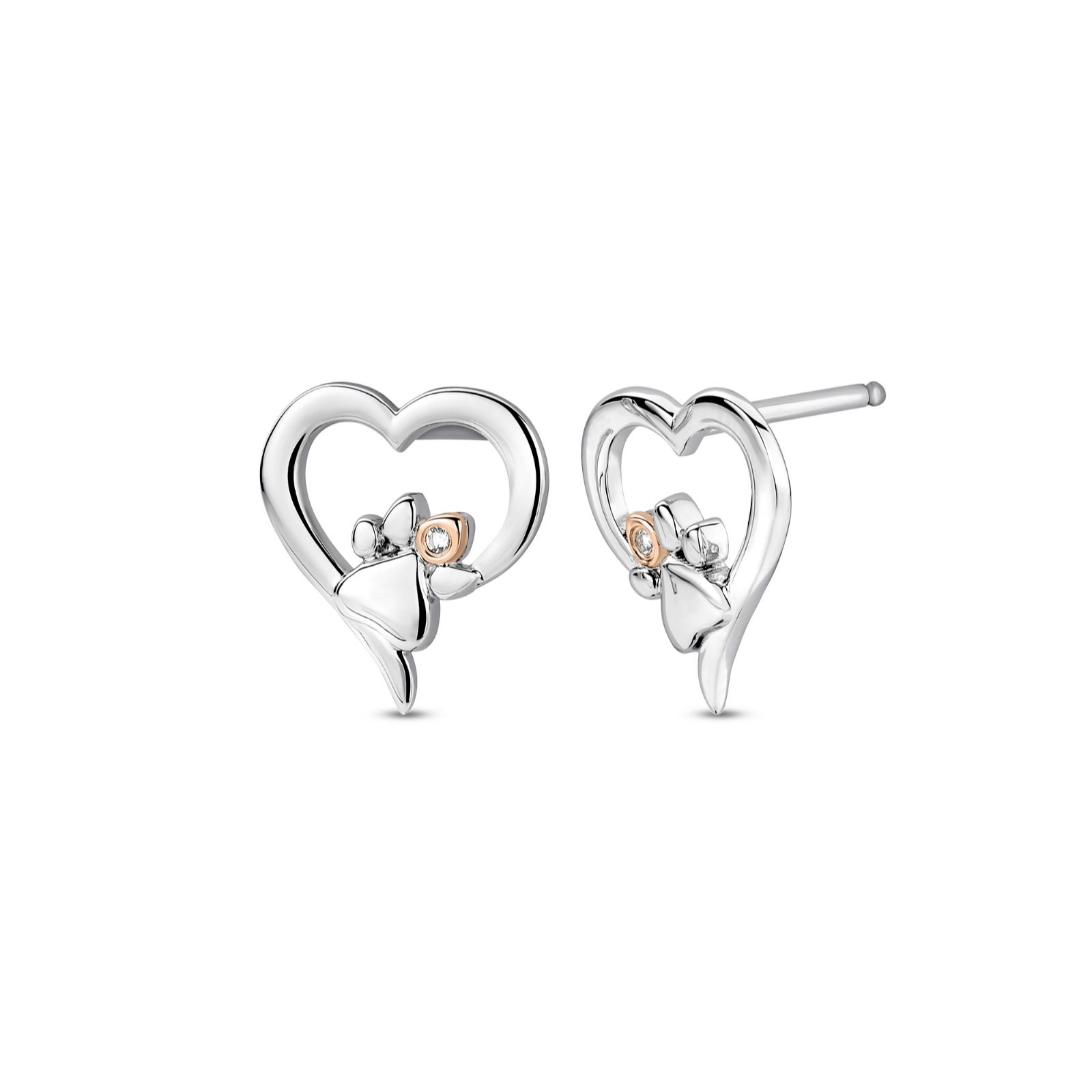 Clogau Paw Print Heart Stud Earrings Silver & 9ct Rose Gold