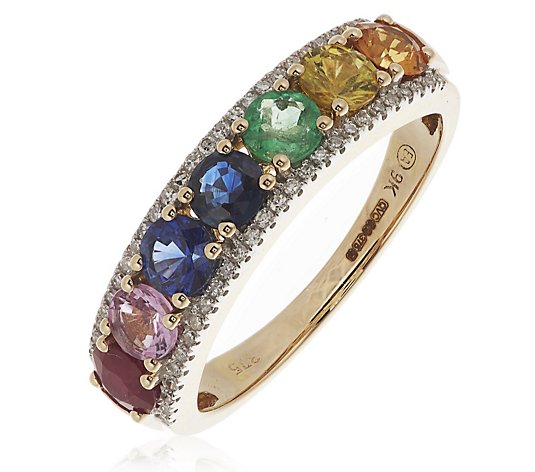 1.75ct Sapphire & Emerald Rainbow Gemstone & 0.15ct Diamond Band Ring