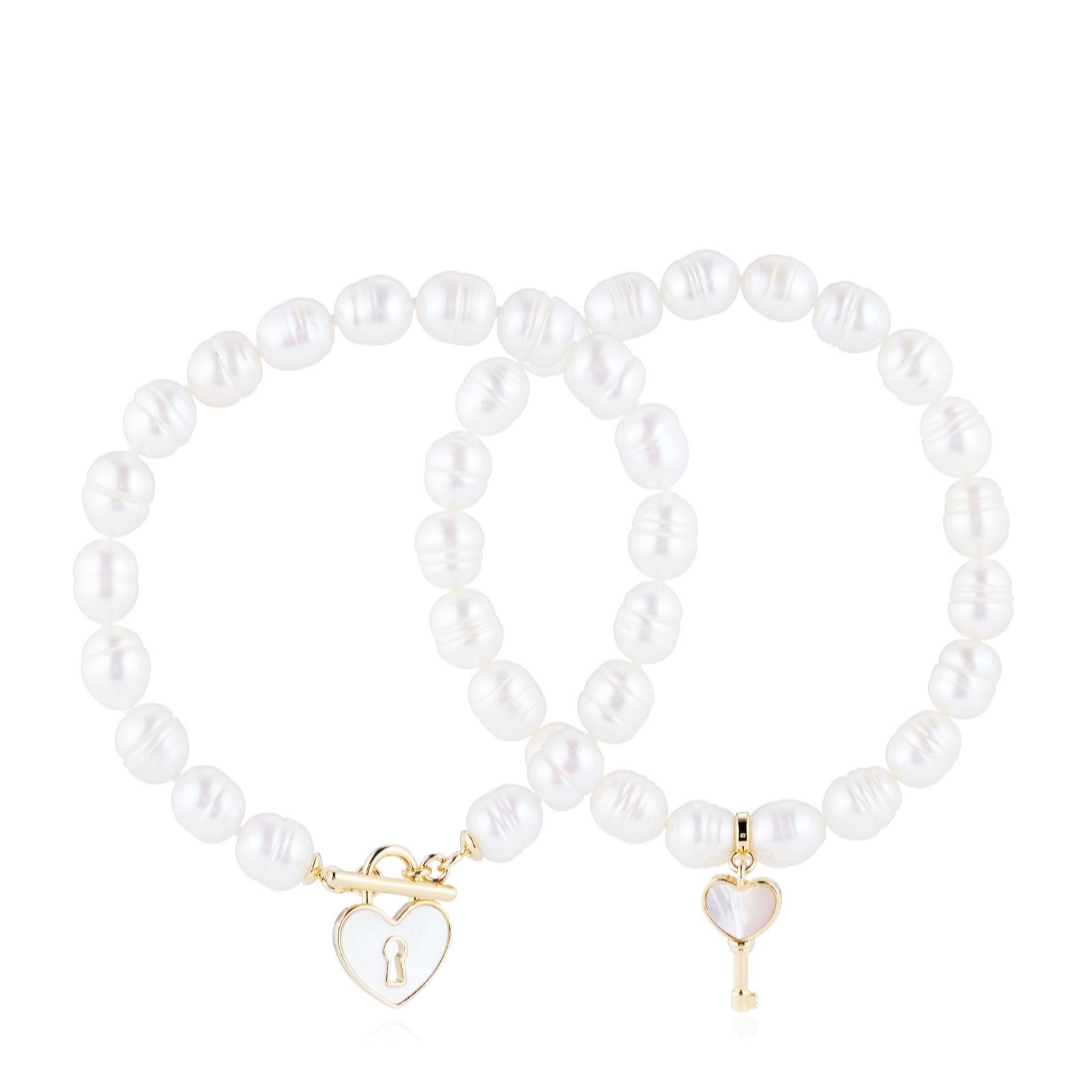  Lara Pearl Mother of Pearl Padlock & Key 7-9mm Ringed Oval Set of 2 Bracelets