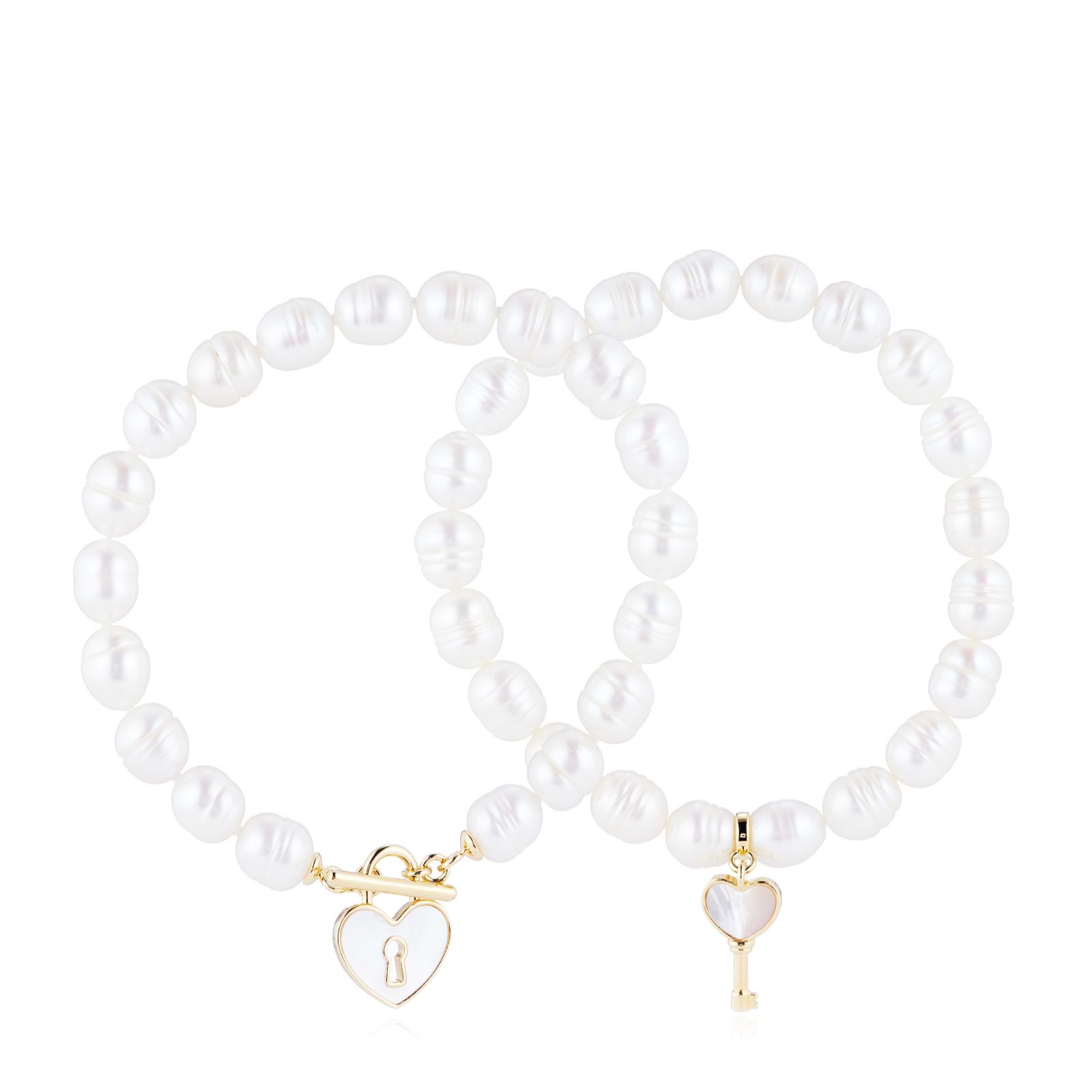 Lara Pearl Mother of Pearl Padlock & Key 7-9mm Ringed Oval Set of 2 Bracelets