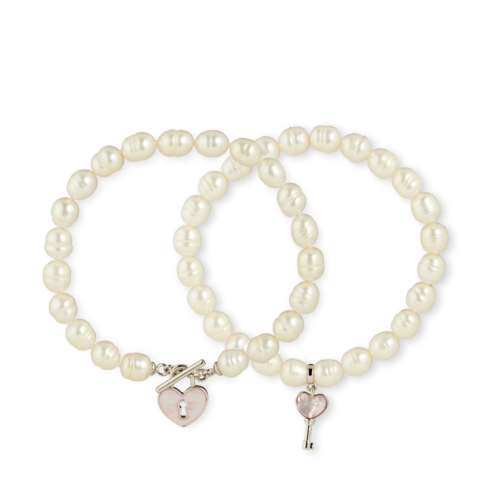 Lara Pearl Mother of Pearl Padlock & Key 7-9mm Ringed Oval Set of 2 Bracelets
