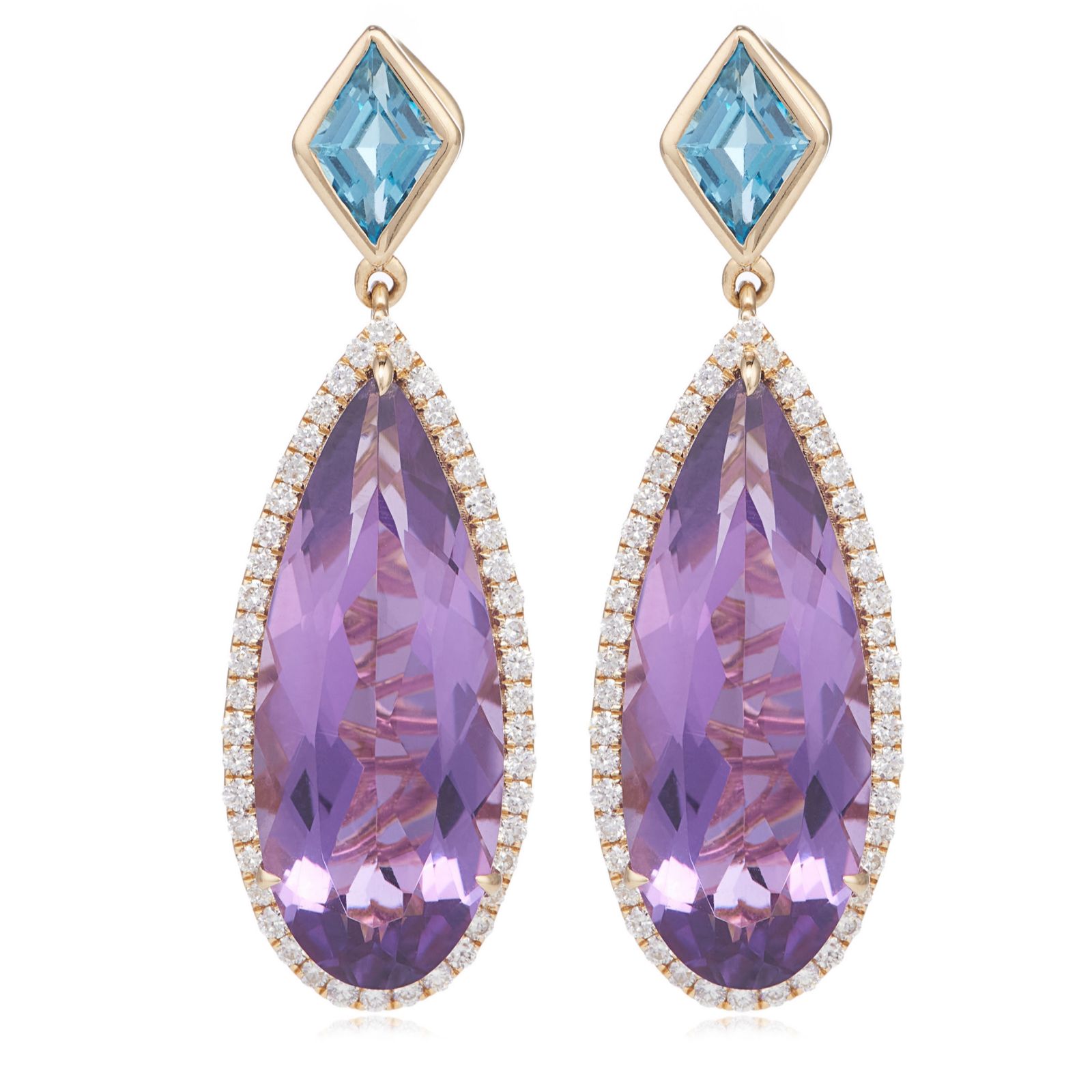 Oisha 6.7ct Amethyst & Blue Topaz 0.4ct Diamond Drop Earrings 14ct Gold