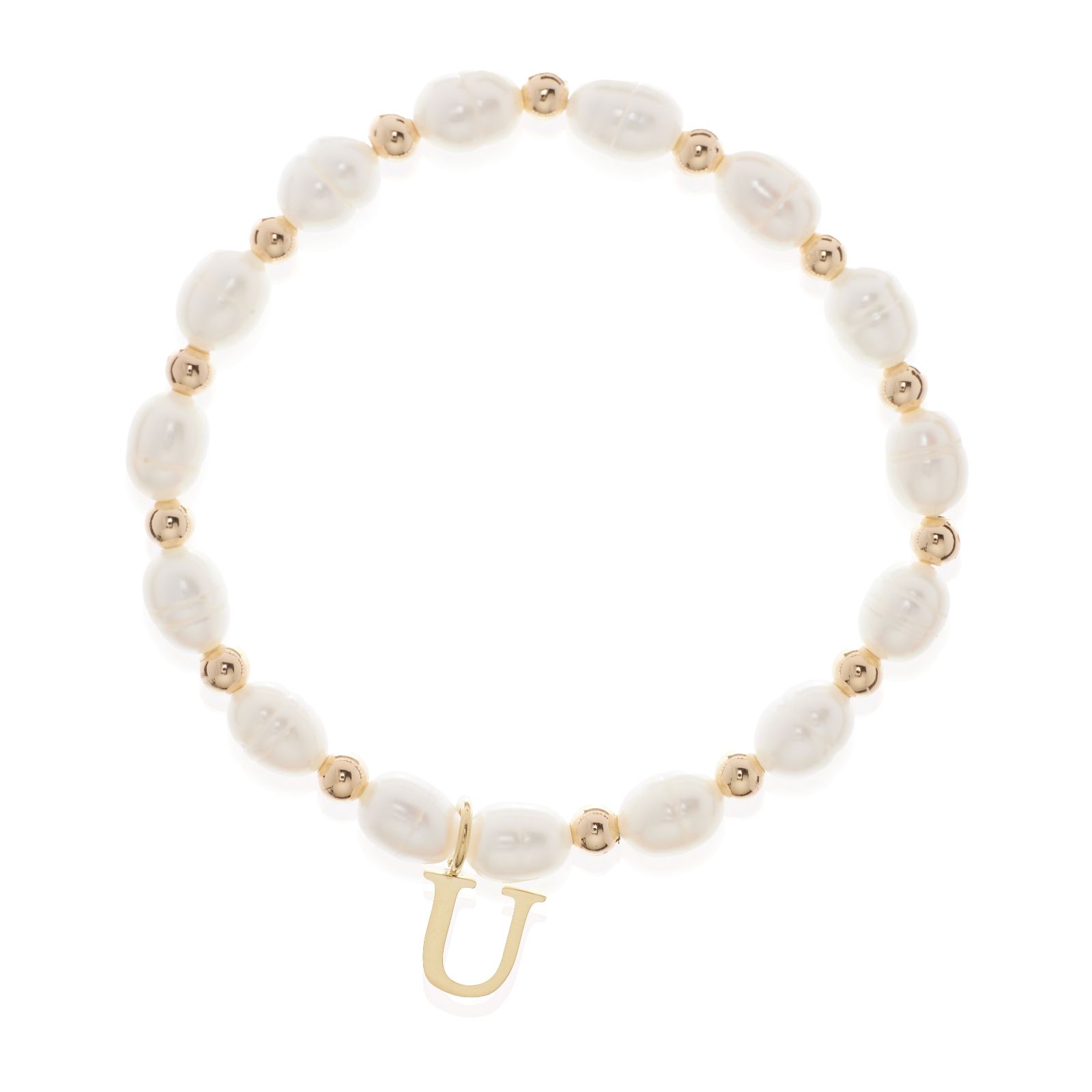 Lara Pearl Initial Charm 6mm Oval Cultured Pearl Stretch Bracelet