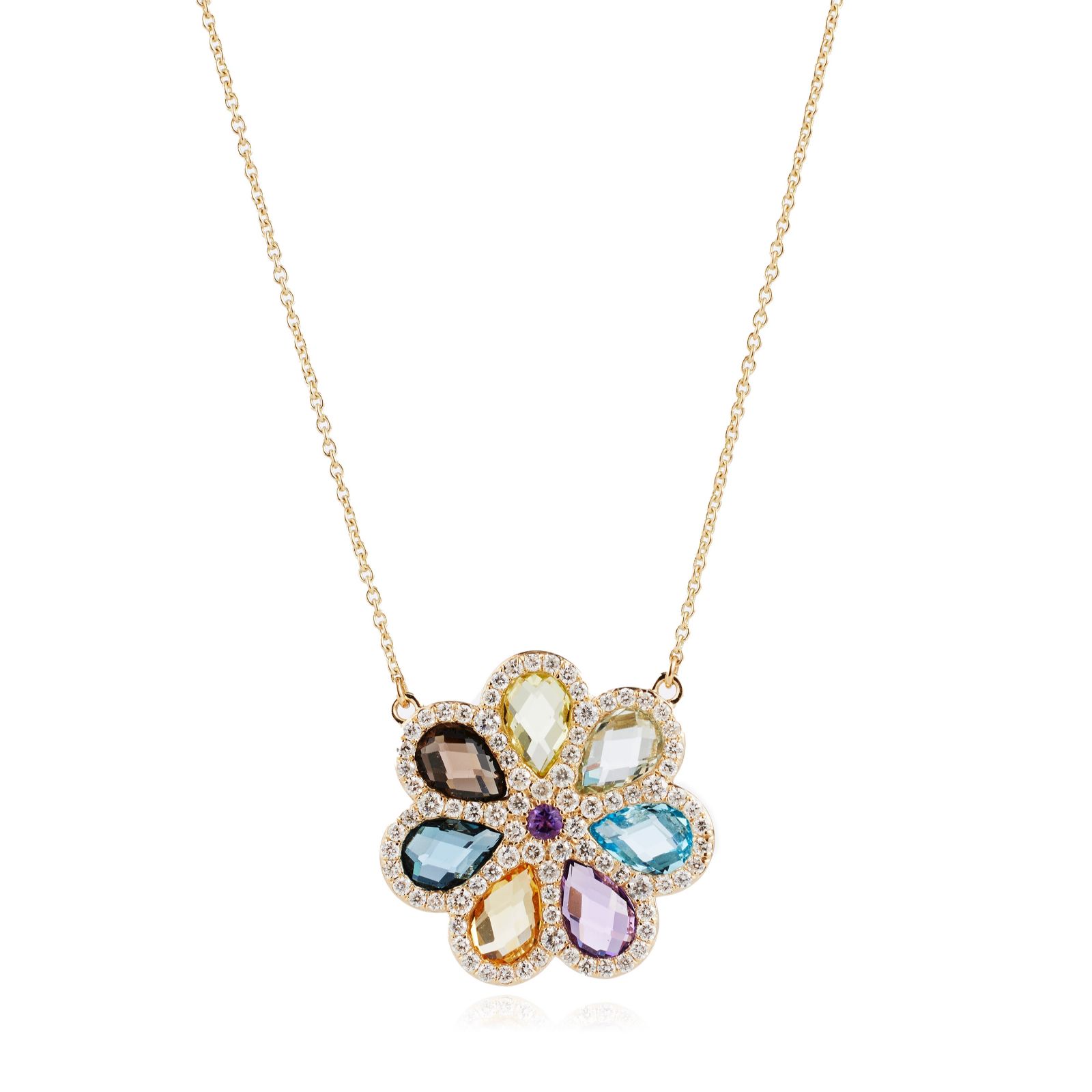 Oisha 3ct Multi Gemstone & 0.4ct Diamond Flower Pendant & Chain 14ct Gold