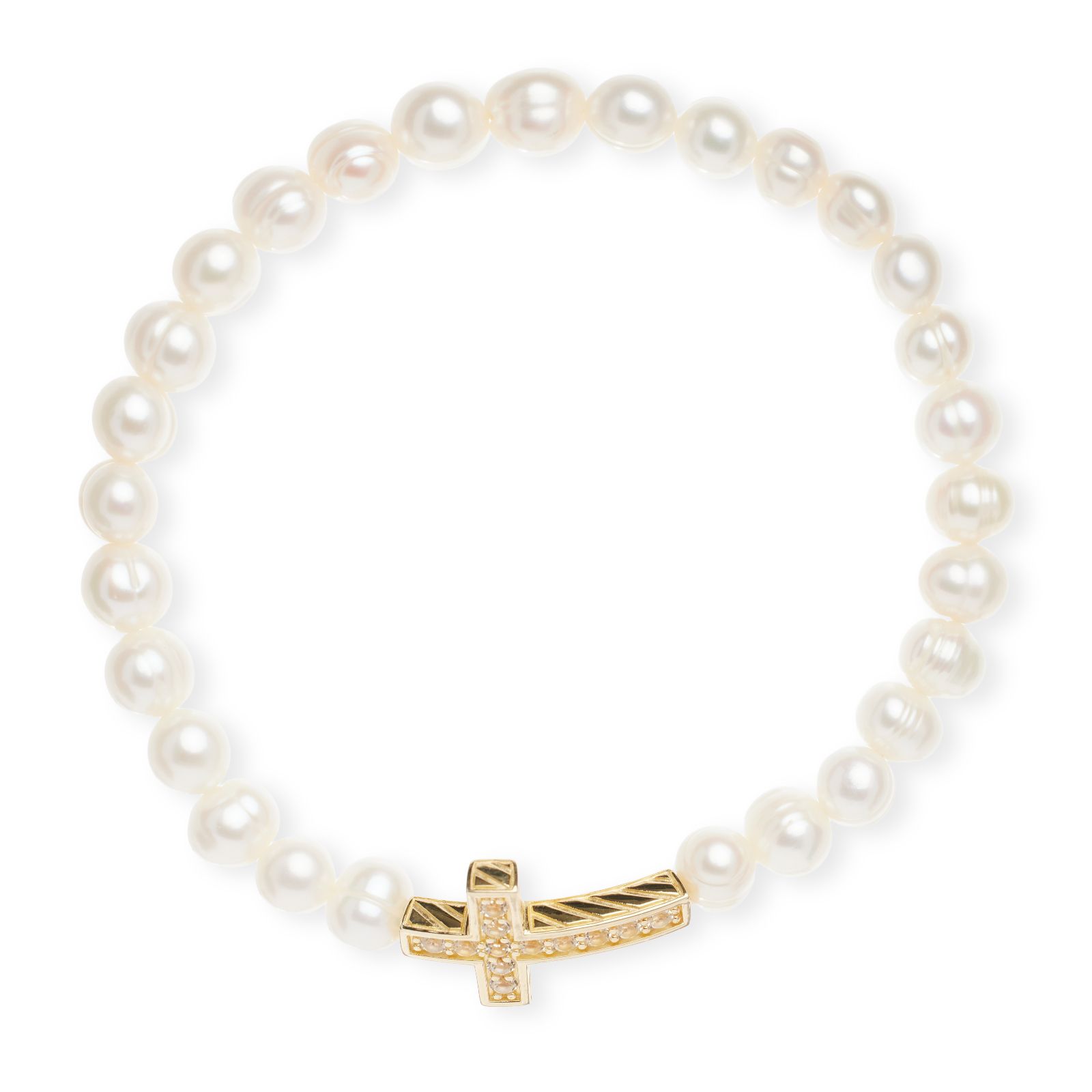 Lara Pearl White Topaz Cross 6-7mm Stretch Bracelet Sterling Silver