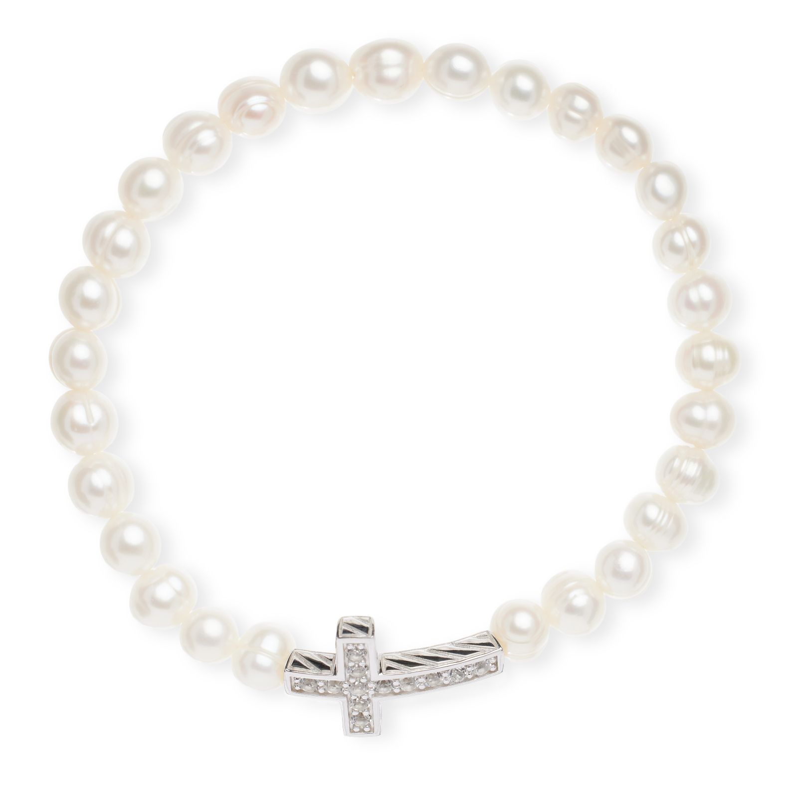Lara Pearl White Topaz Cross 6-7mm Stretch Bracelet Sterling Silver