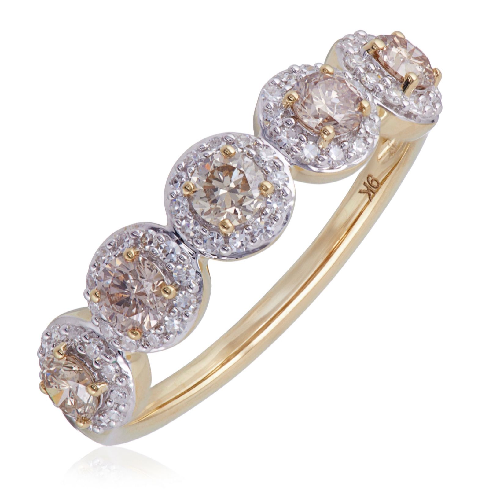 0.75ct Champagne Diamond 5 Stone Halo Ring 9ct Gold