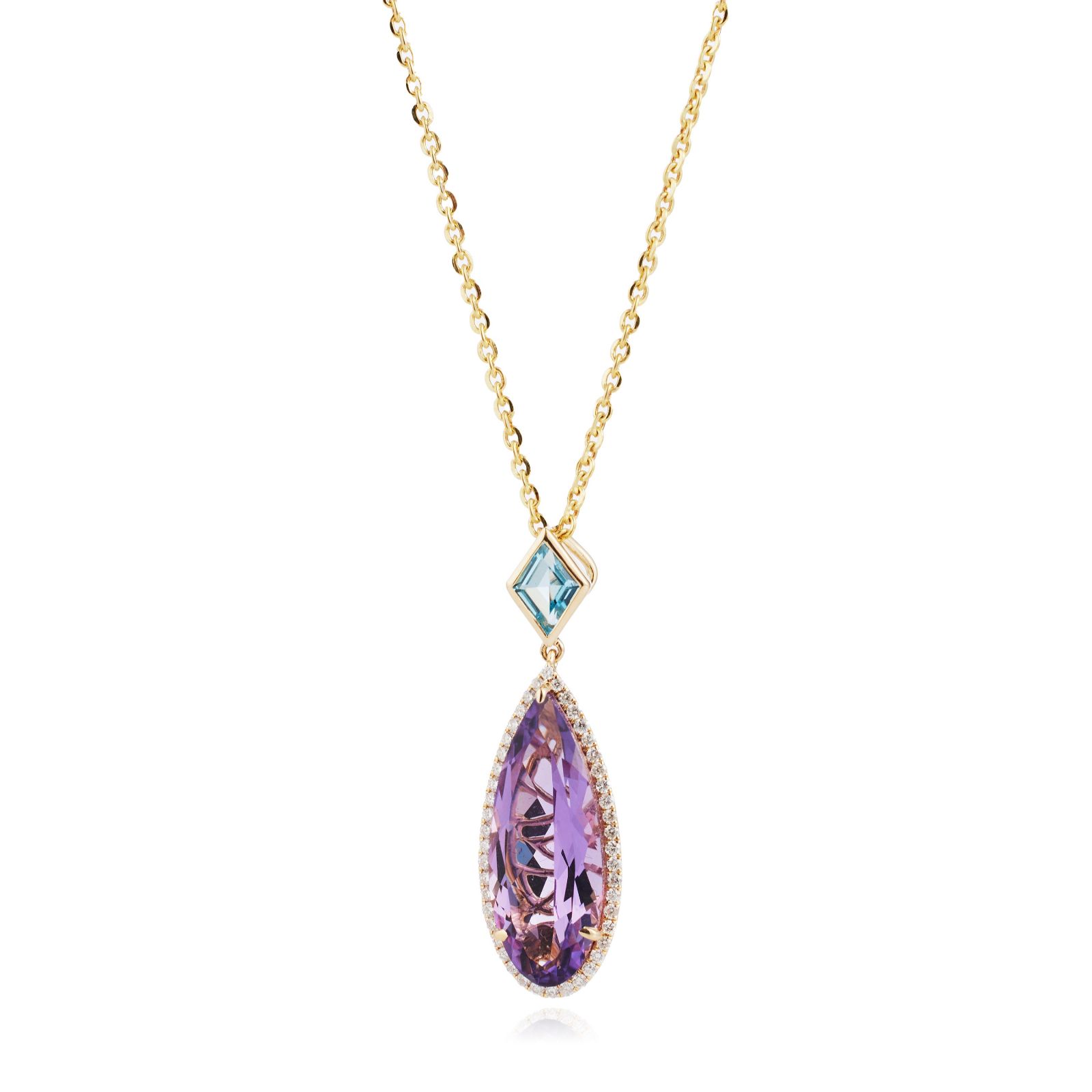Oisha 4.99ct Amethyst Blue Topaz & 0.20ct Diamond Pendant& Chain 14ct Gold