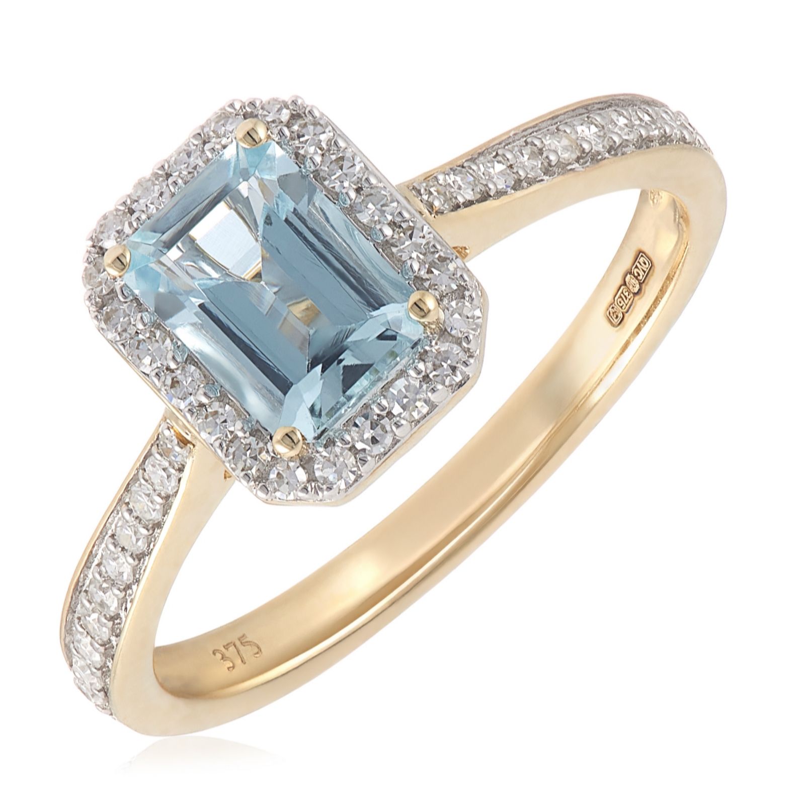 0.8ct Emerald Cut Aquamarine & 0.2ct Diamond Halo Ring 9ct Gold