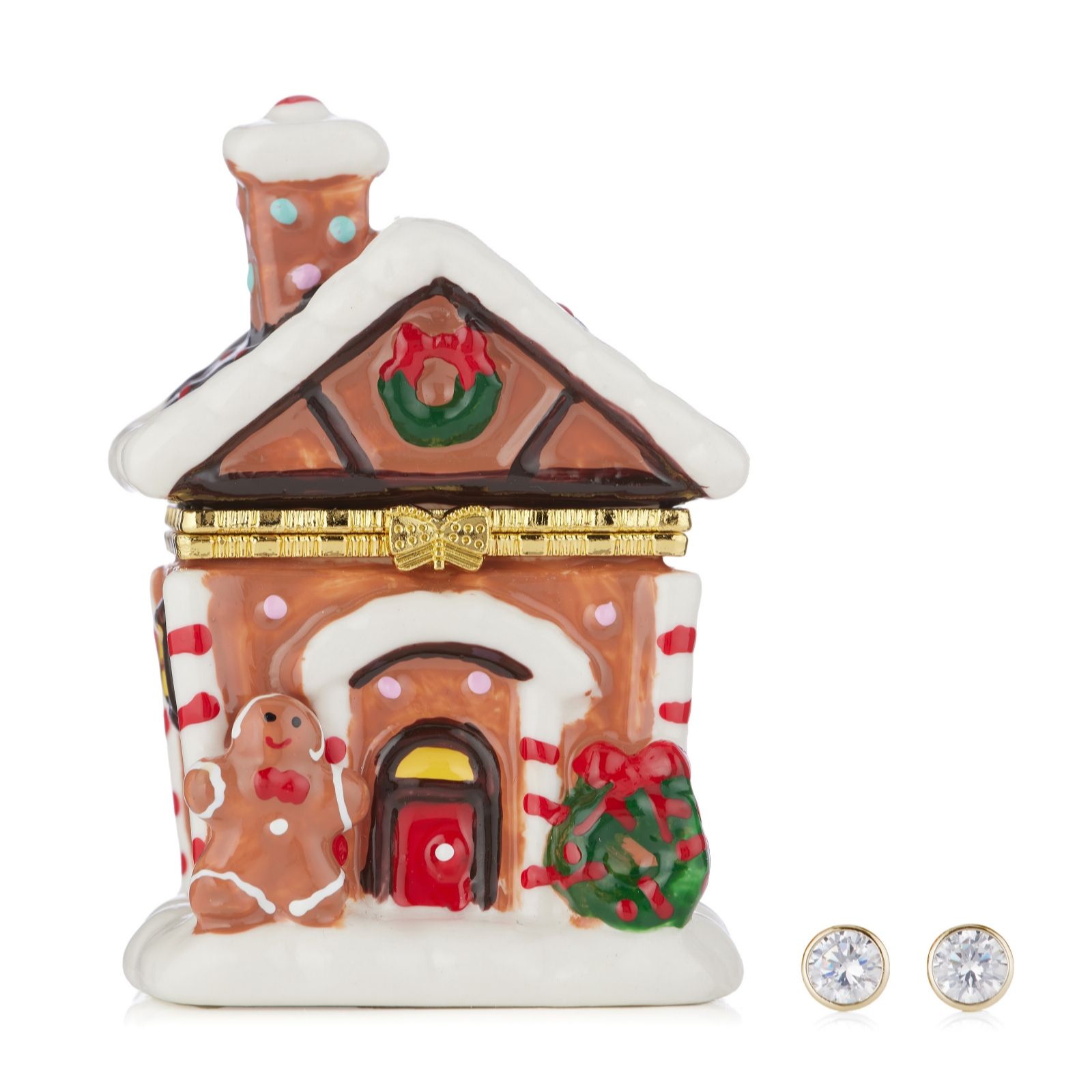 Diamonique 2ct tw Bezel Set Stud in Ceramic Gingerbread House Sterling Silver