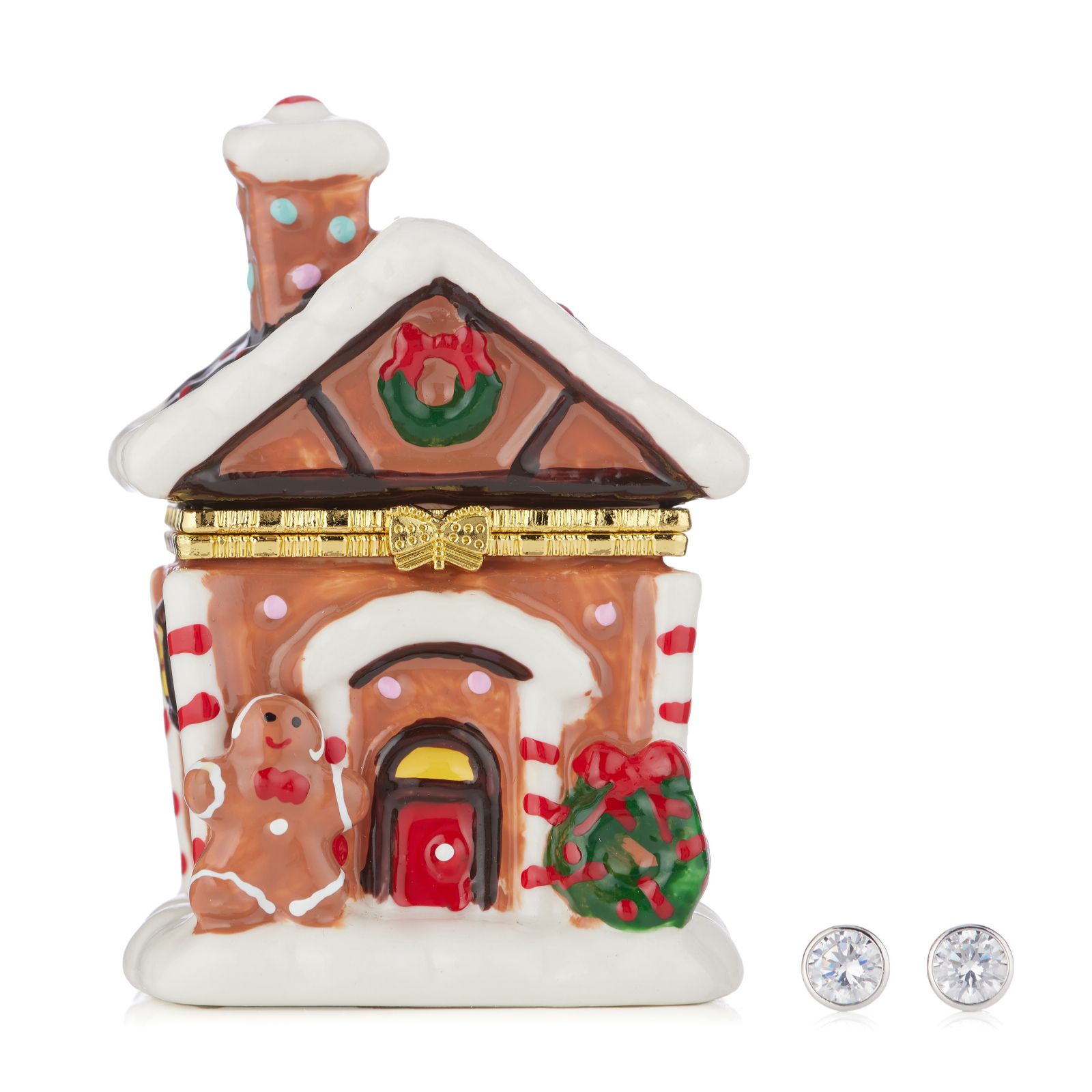 Diamonique 2ct tw Bezel Set Stud in Ceramic Gingerbread House Sterling Silver