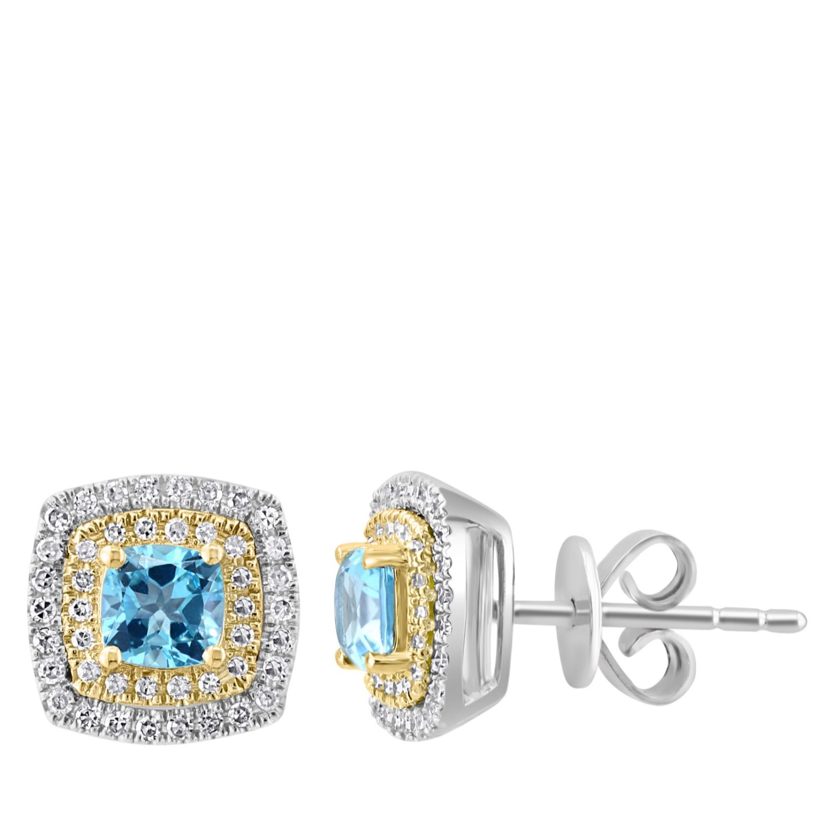 Effy 0.60ct Blue Topaz & 0.22ct Diamond Two Tone Stud Earrings 14ct Gold