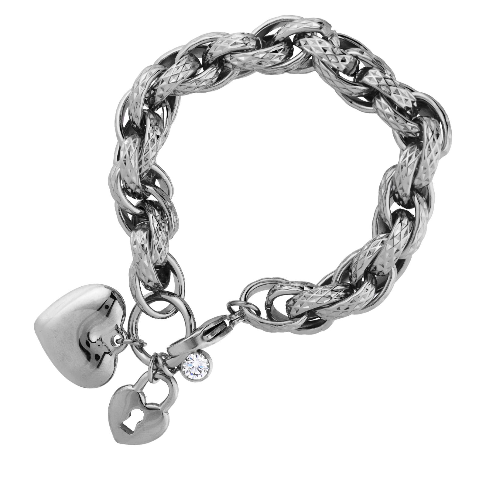 Steel by Diamonique Textured Heart and Padlock Twisted Chain